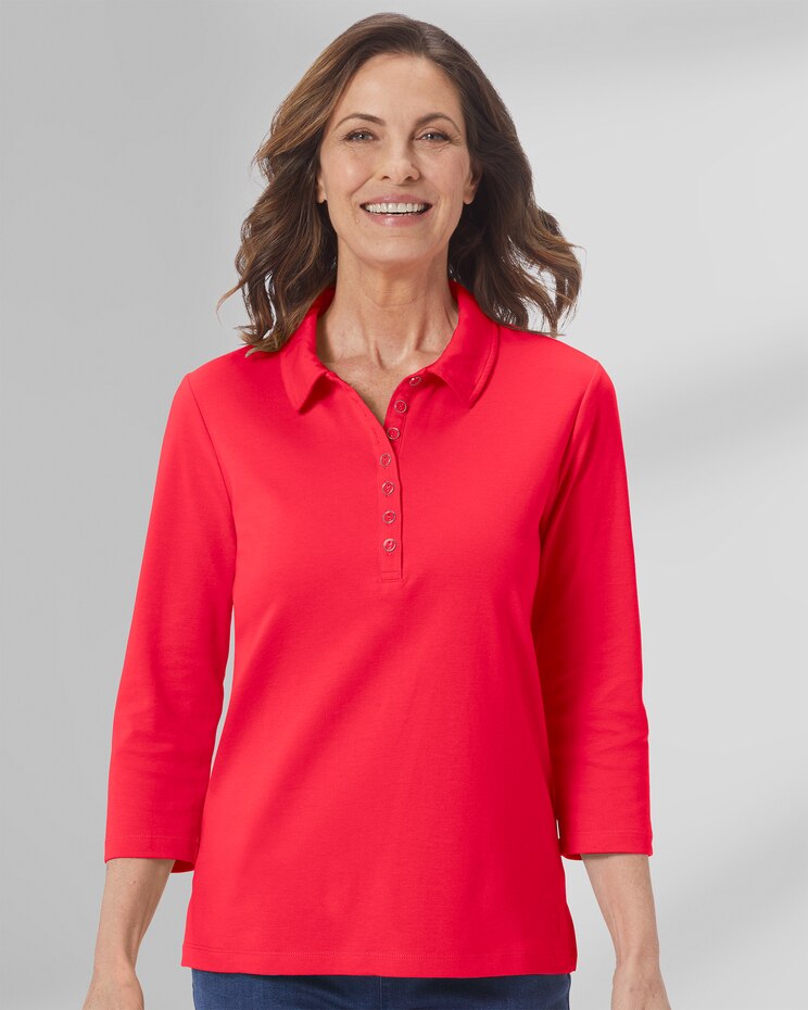 Essential Cotton Solid Three-Quarter-Sleeve Polo image number 1