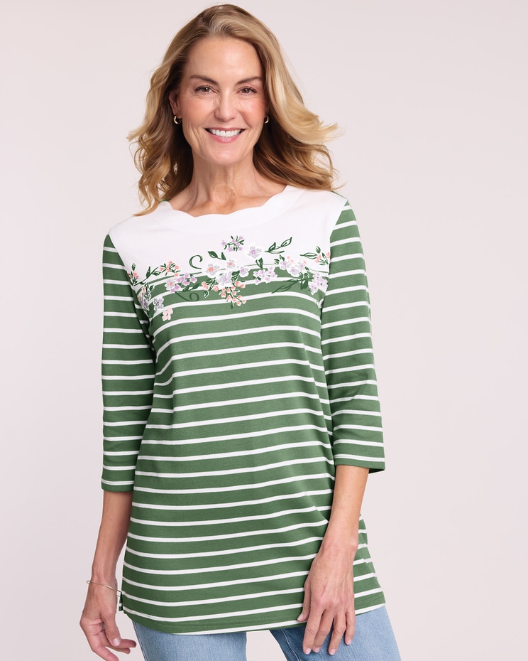 Three-Quarter Sleeve Border-Print Stripe Tunic image number 1