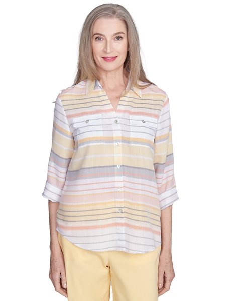 Alfred Dunner® Dress Code Button Down Striped Cuffed Sleeve Top