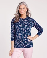 Print Long Sleeve Pointelle Henley Top thumbnail number 1