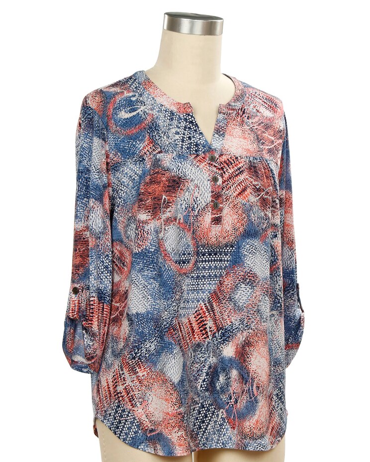 N Touch Deans List 3/4 Sleeve Placket Print Top image number 1