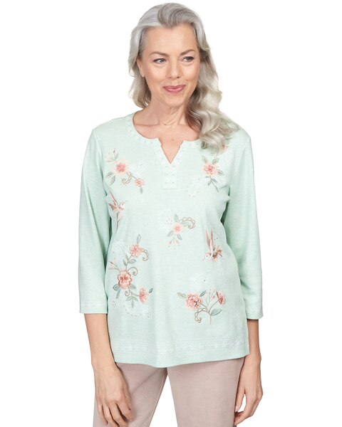 Alfred Dunner® St.Moritz Floral Hummingbird Embroidery Split Neck Top