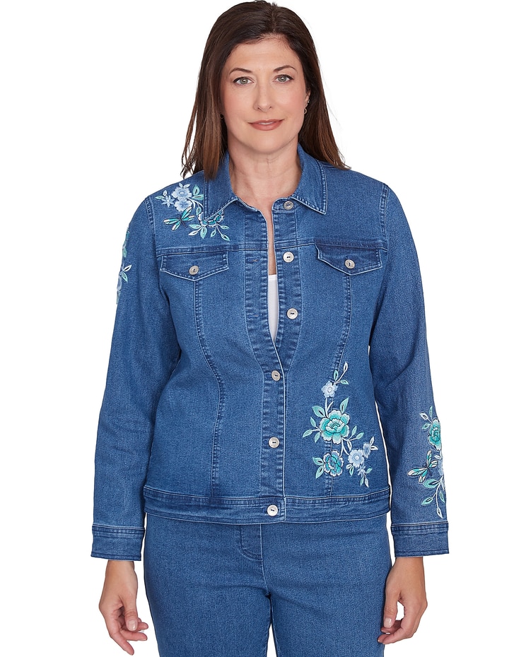 Alfred Dunner® Lake Victoria Floral Embroidered Denim Jacket image number 1