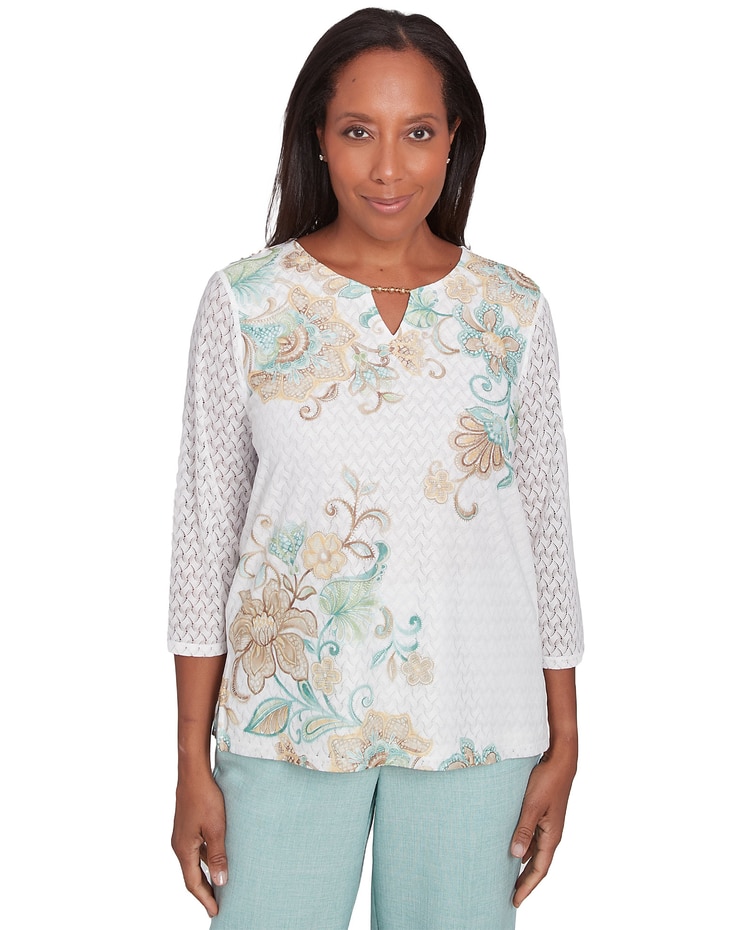 Alfred Dunner® Kensington Gardens Textured Knit Scroll Split Neck Top image number 1