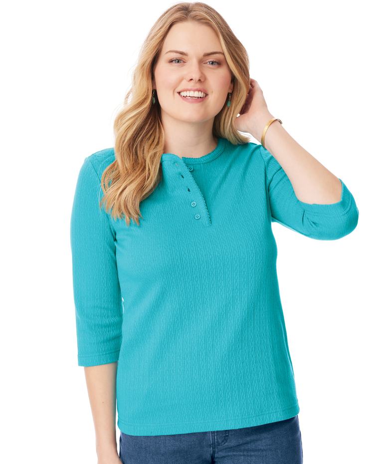 Three-Quarter Sleeve Pointelle Henley Top image number 1