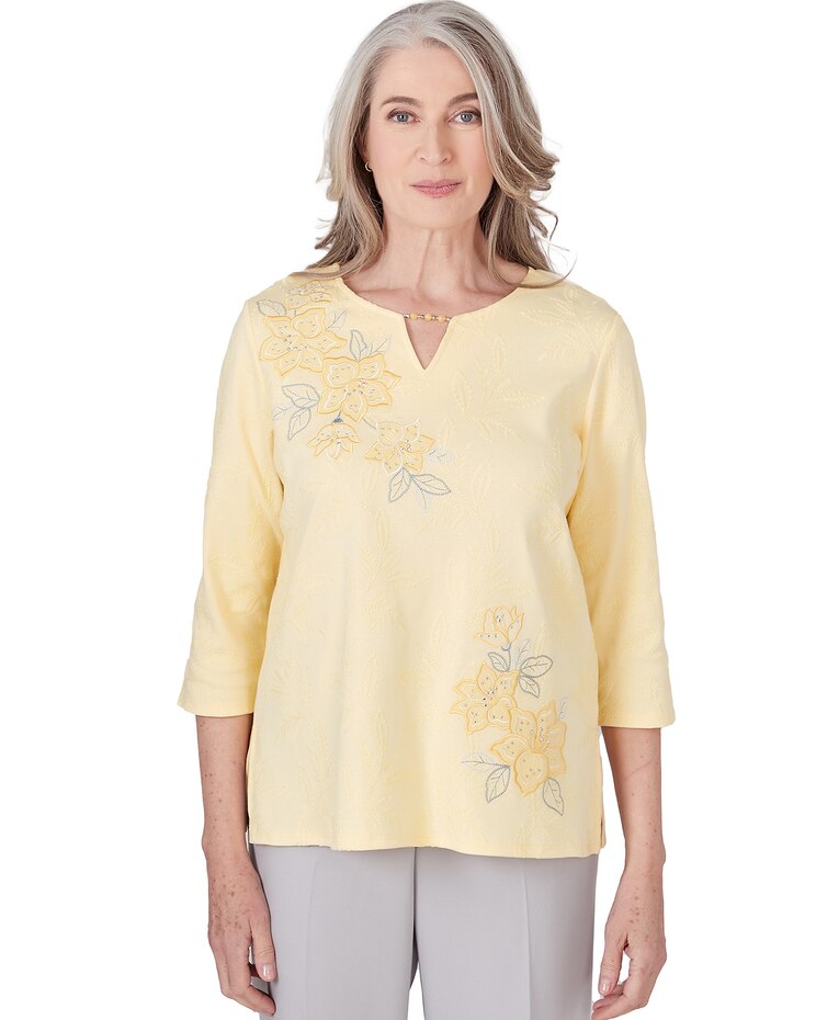 Alfred Dunner® Charleston Three Quarter Sleeve Top with Embroidered Floral Details image number 1