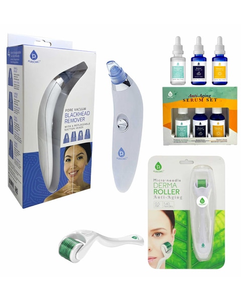 Pursonic Ultimate Rejuvenation Bundle: Micro Needle Derma Roller, Pore Vacuum Blackhead Remover & 3-Pack Anti-Aging Serum Set