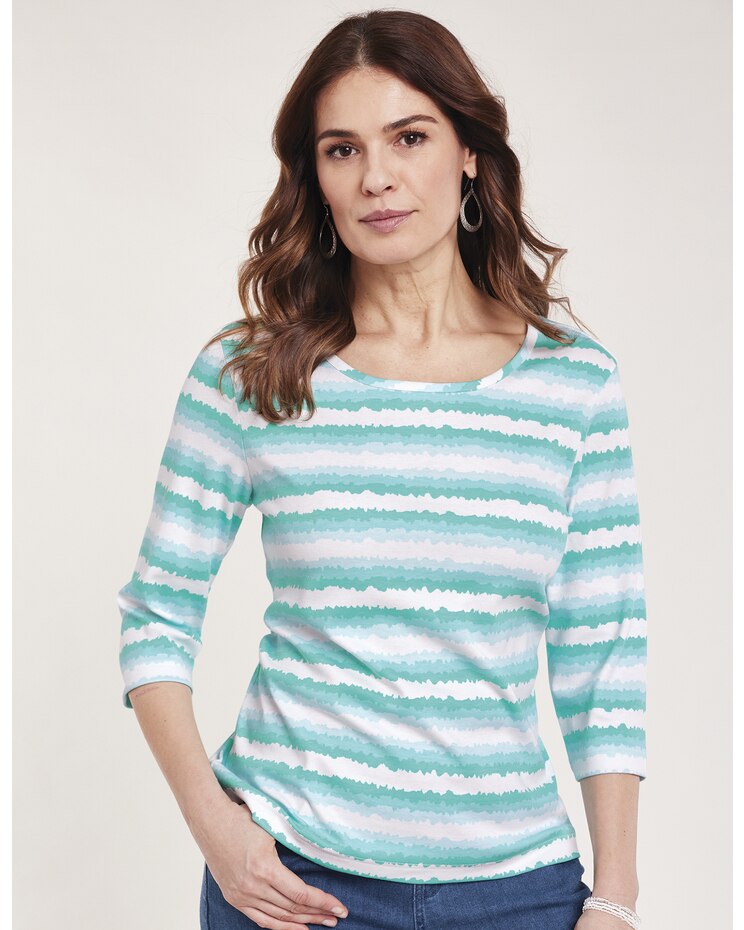 Essential Knit Three-Quarter Sleeve Watercolor Stripe Tee image number 2