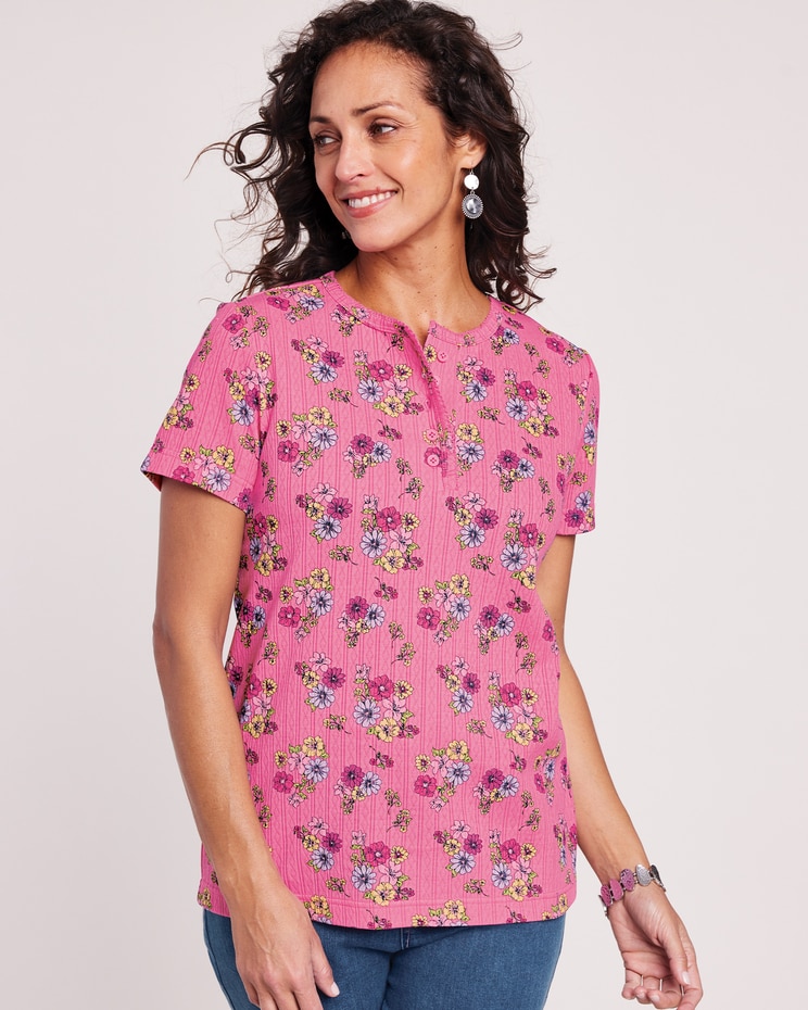 Print Short Sleeve Pointelle Henley Top image number 1