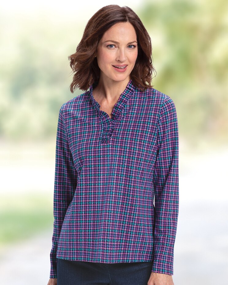 Prima™ Cotton Jeweltone Houndstooth Ruffle-Neck Tee image number 1