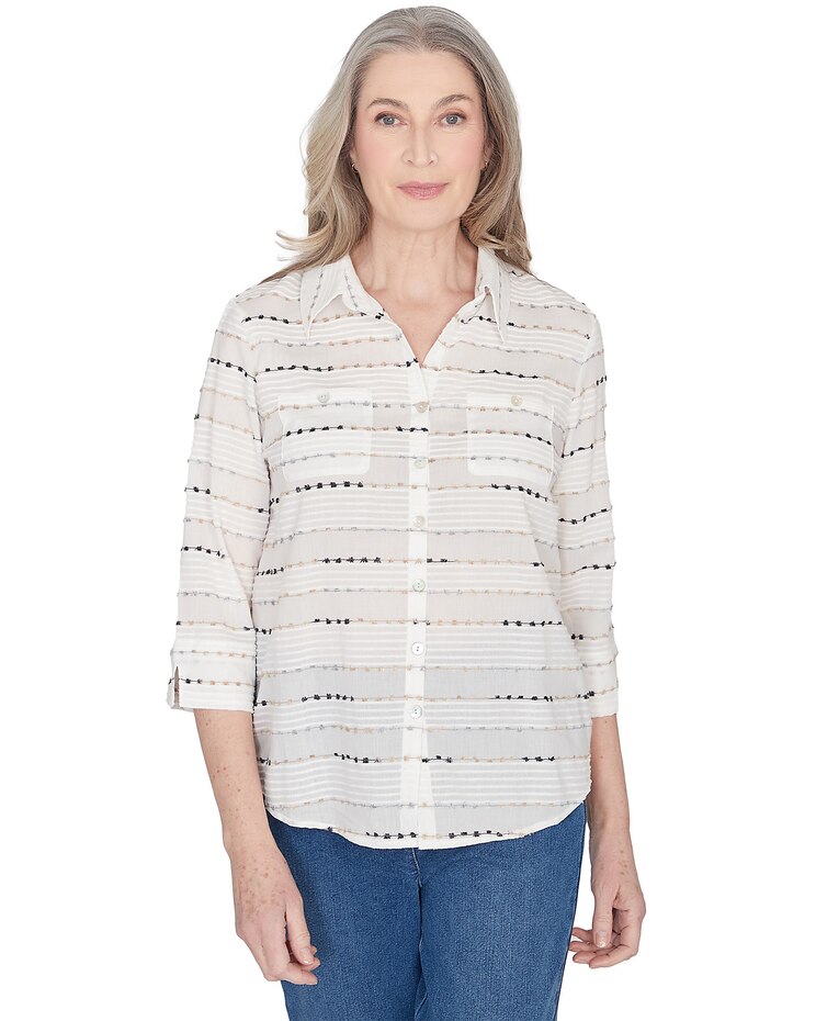 Alfred Dunner® Classics Classic Biadere Button Down Top With Front Pockets image number 1