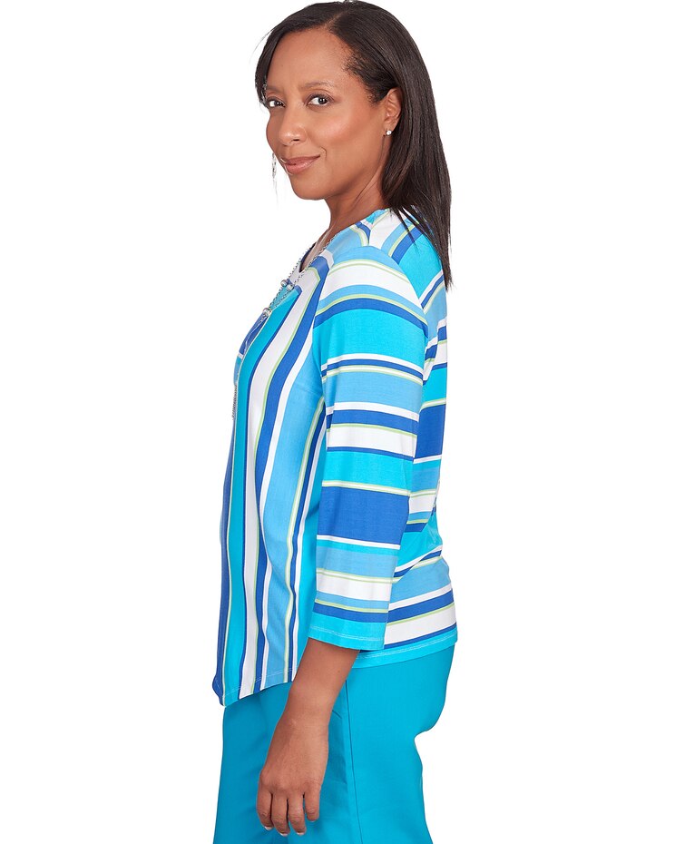 Alfred Dunner® Tradewinds Blue Corners Striped Top With Necklace image number 4