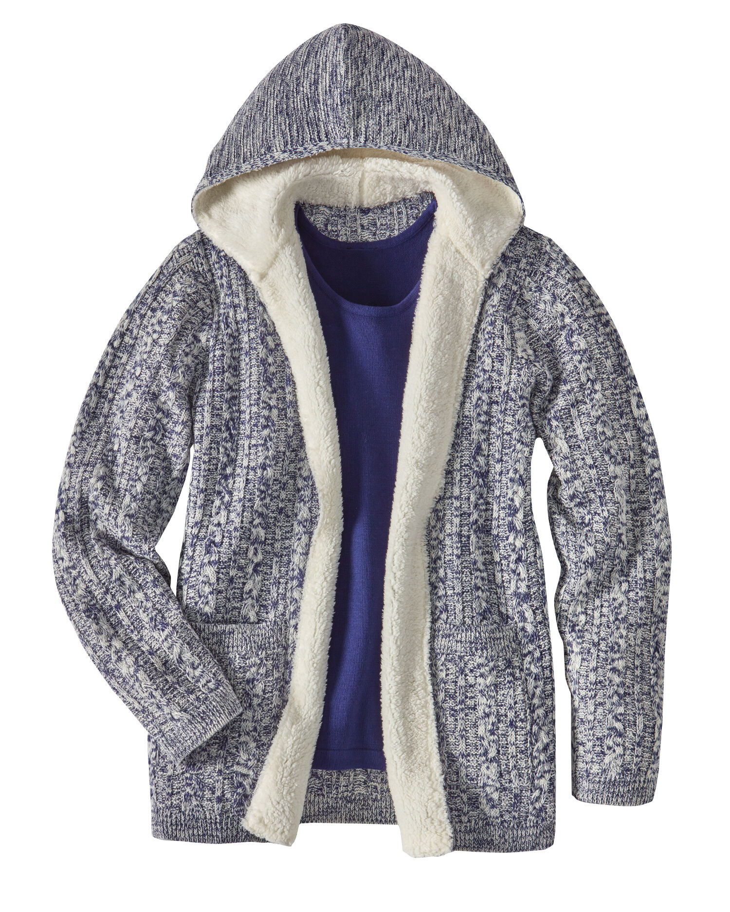 Haband Women s Sherpa Trim Marled Knit Cable Cardigan with Hood