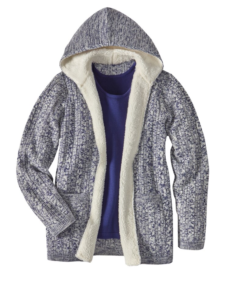 Haband Women’s Sherpa Trim Marled Knit Cable Cardigan with Hood image number 1