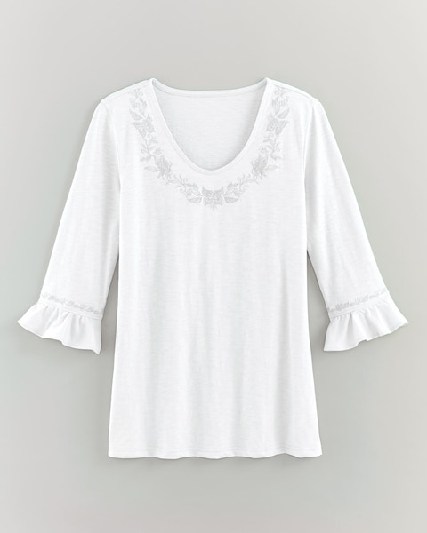 Slub Knit Flounce Embroidered Top