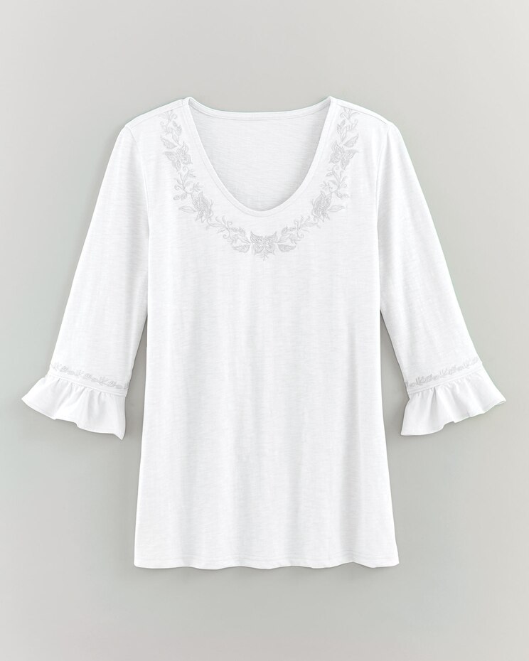 Slub Knit Flounce Embroidered Top image number 4