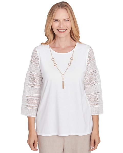 Alfred Dunner® Kensington Gardens Solid Lace Sleeve Knit Top with Necklace