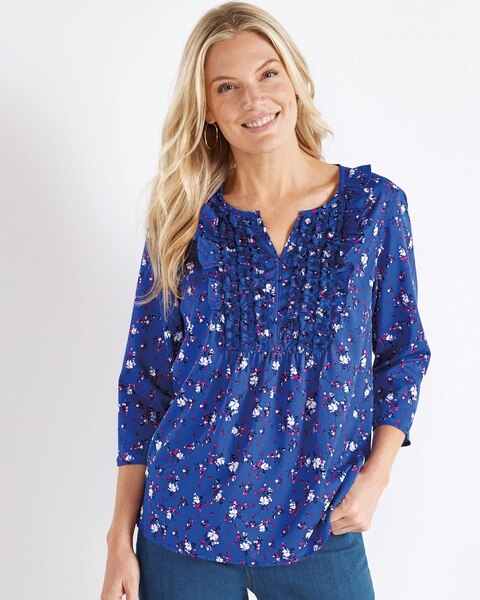 Haband Women’s Split Neck Crepe Top with Ruffle Bib