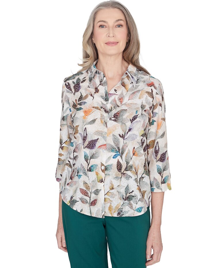 Alfred Dunner® Classics Classic Water Colored Leaf Filled Button Down Top image number 1