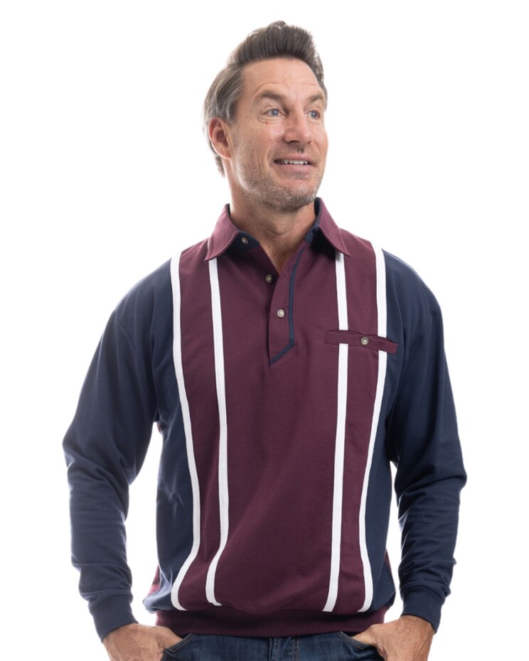 Palmland Long Sleeve Vertical Pieced Banded Bottom Polo image number 1