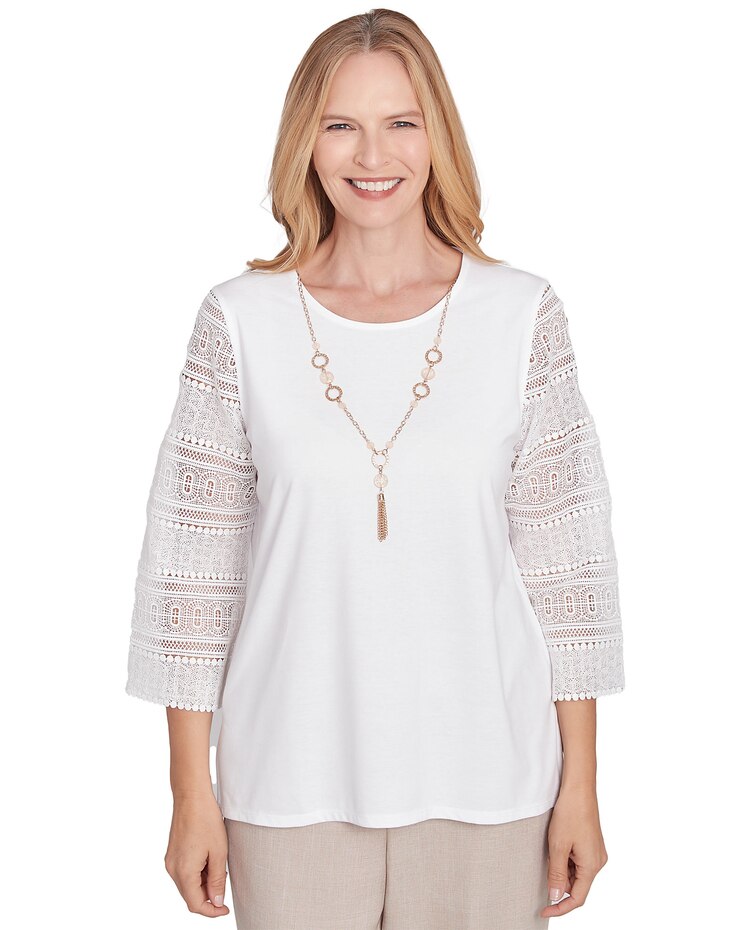 Alfred Dunner® Kensington Gardens Solid Lace Sleeve Knit Top with Necklace image number 1