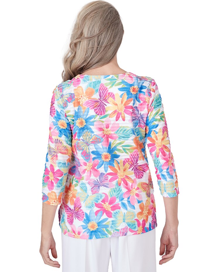 Alfred Dunner® Paradise Island Floral & Butterfly Pleated Ruffle Top image number 2