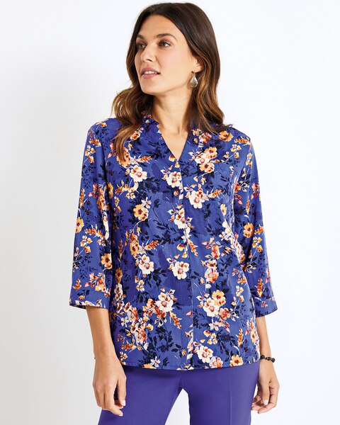 Haband Women’s Button Front Crepe Tunic with Roll Tab Sleeves