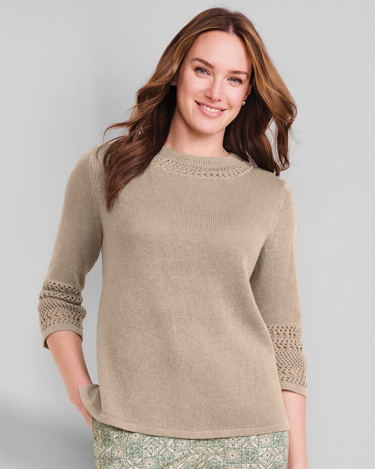 Linen/Cotton Crochet-Trim Pullover  image number 1
