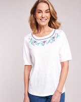 Slub Knit Embroidered Peasant Top thumbnail number 1