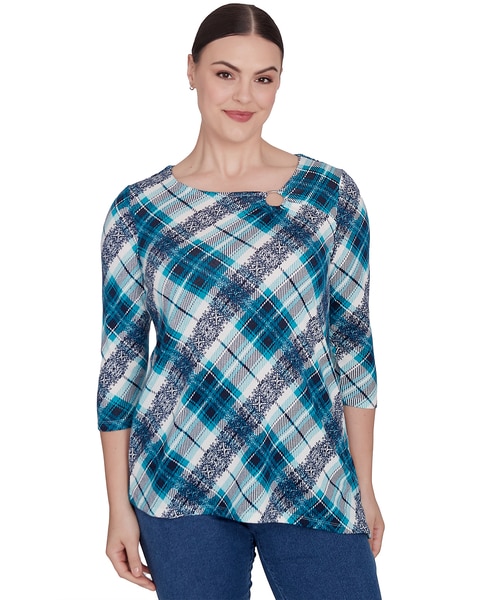 Ruby Rd® Wintery Glow Knit Plaid Hatchi Top
