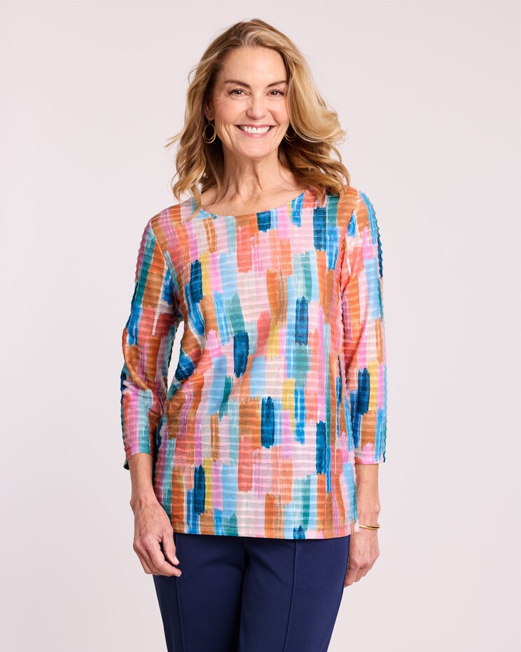 Alfred Dunner® Free Spirit Brushstrokes Mini Ruffle Top image number 1