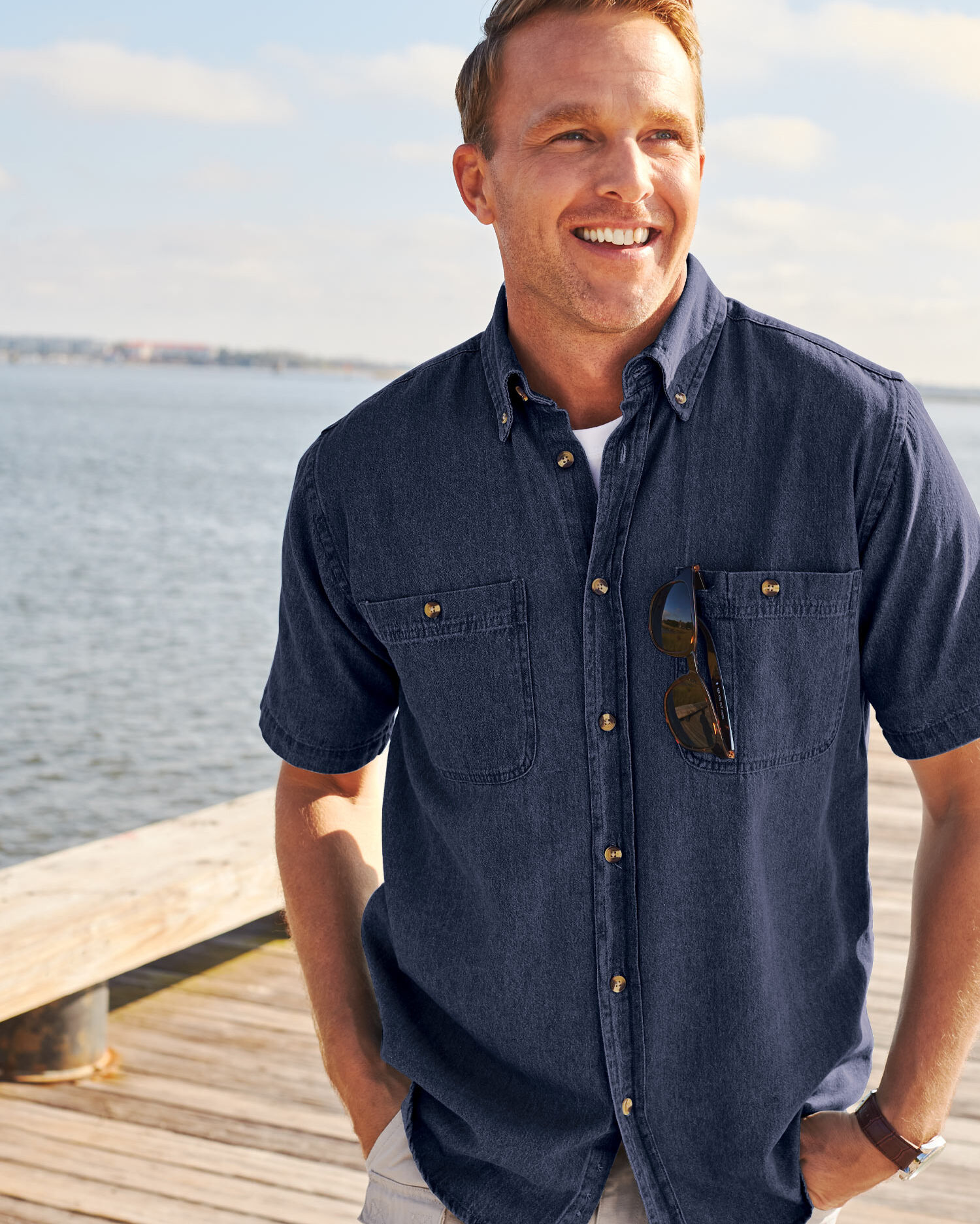 JohnBlairFlex Short-Sleeve Denim & Twill Shirt | Blair