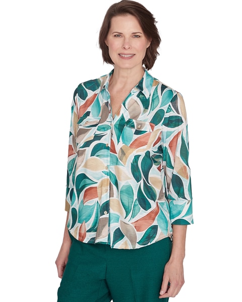 Alfred Dunner® Emerald Isle Abstract Leaf Top with Bell Sleeves