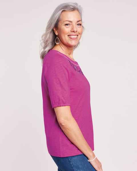 Slub Knit Embroidered Peasant Top