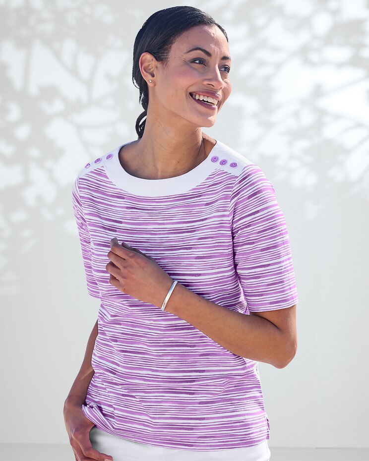 Prima™ Cotton Brushstroke Stripe Button-Trim Bateau Tee image number 1