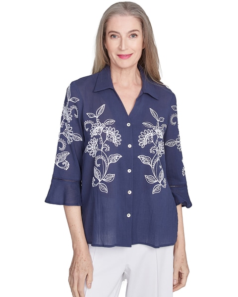 Alfred Dunner® Nantucket Embroidered Marine Button Front Top