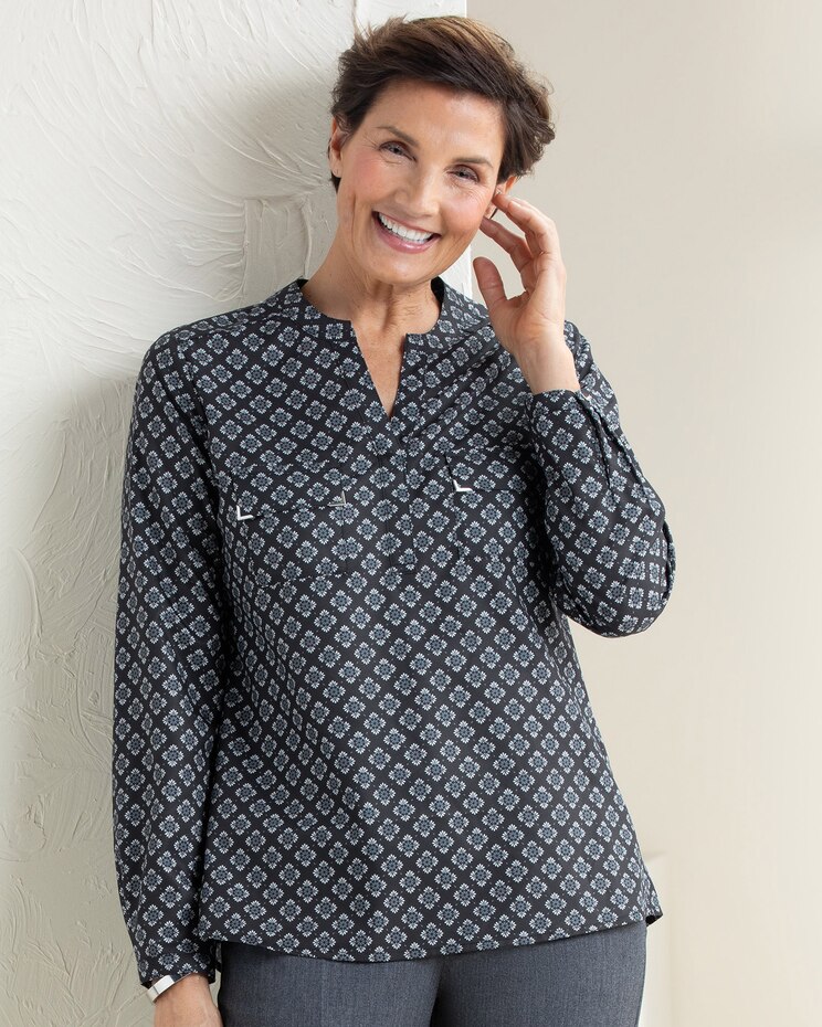 Silky Print Long-Sleeve Utility Blouse image number 1