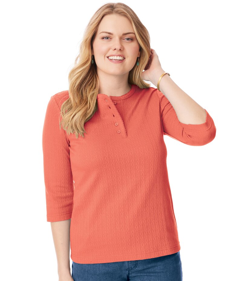 Three-Quarter Sleeve Pointelle Henley Top image number 1