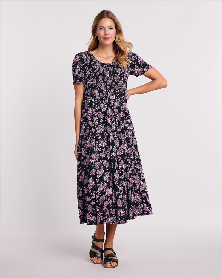 Short-Sleeve Smocked Challis Dress image number 1