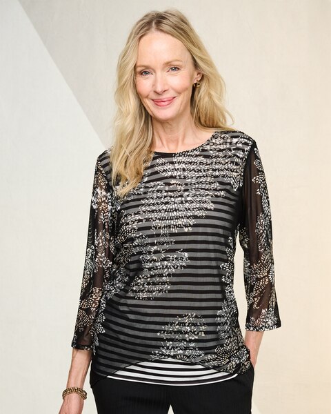 Alfred Dunner Flower Mesh Overlay Stripe Tee
