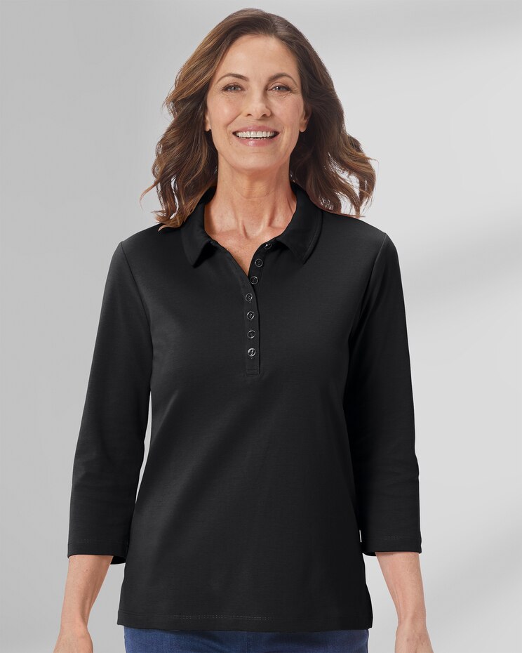 Essential Cotton Solid Three-Quarter-Sleeve Polo image number 1