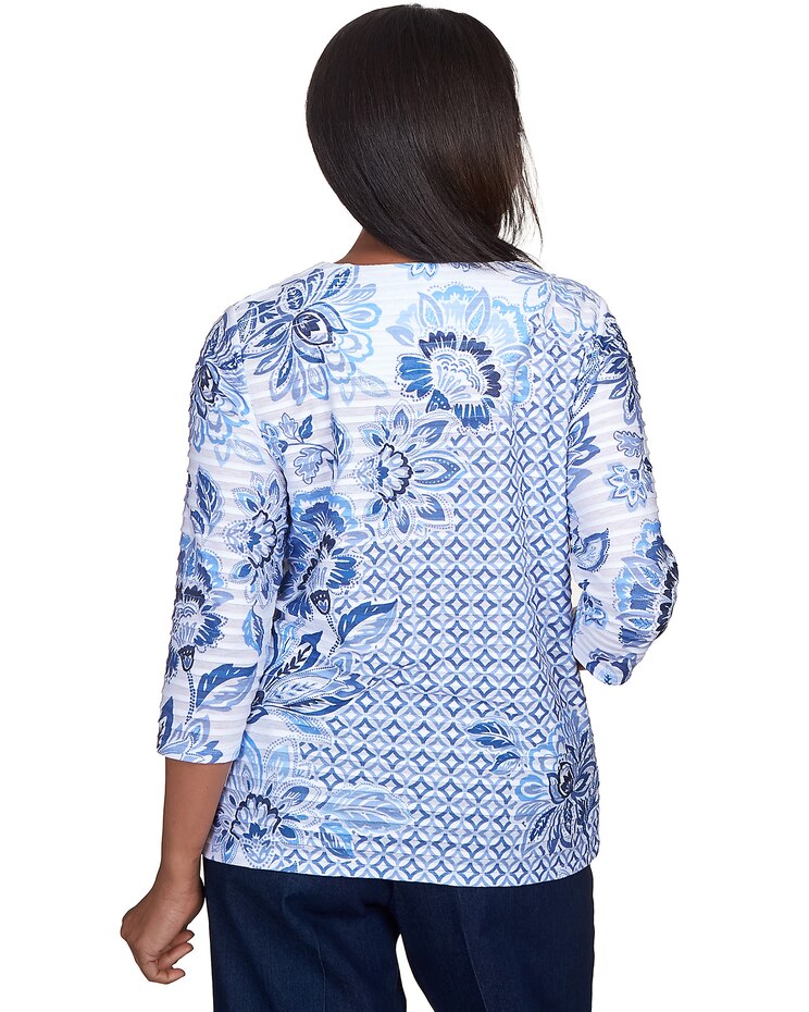 Alfred Dunner® Lavender Fields Geo Floral Printed Ruffle Top image number 2