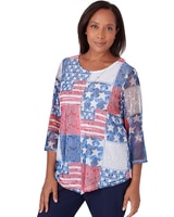 Alfred Dunner® All American Patchwork Flag Mesh Top With Necklace thumbnail number 3