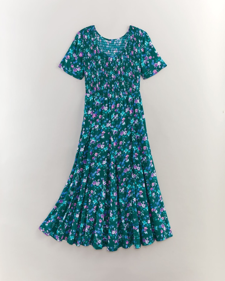 Short-Sleeve Smocked Challis Dress image number 1