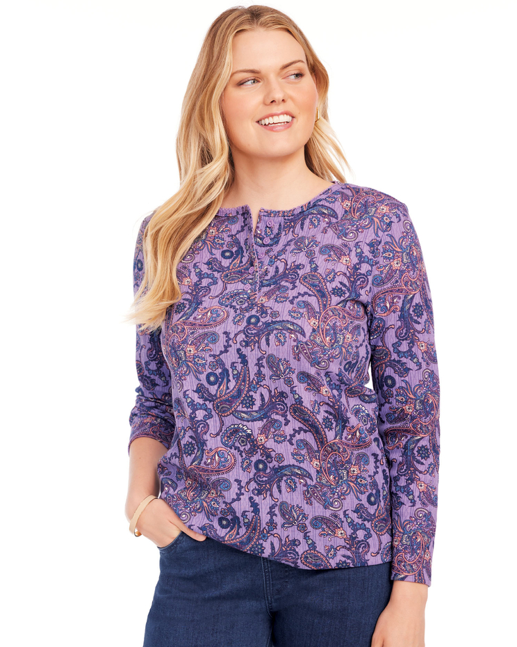 Print Long Sleeve Pointelle Henley Top image number 2