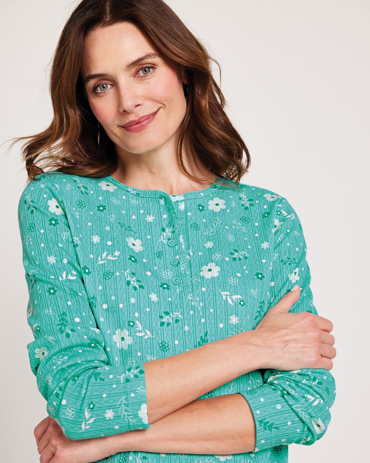 Print Long Sleeve Pointelle Henley Top image number 1