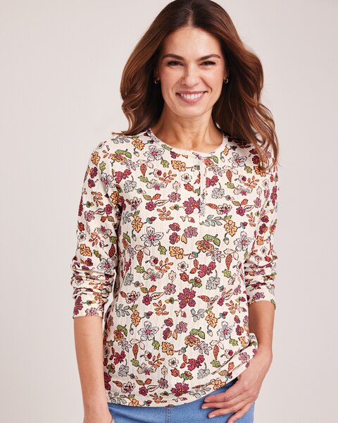 Print Long Sleeve Pointelle Henley Top