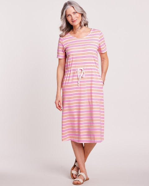Essential Knit Stripe Drawstring Waist Dress
