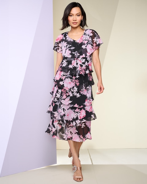 Printed Tea Length Tiered Dress