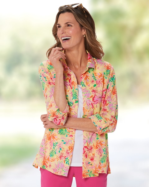 Crinkled Cotton Tropical Print Shirt